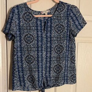 Pink Rose Blue Printed Short Sleeve Tie-Hem Top